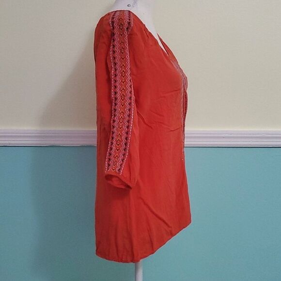 One World Red Orange Embroidered 3/4 Sleeves Boho Peasant Top - Picture 5 of 11